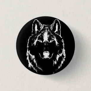 Bóton Redondo 2.54cm Desenho Da Cabeça Do Lobo Branco E Preto