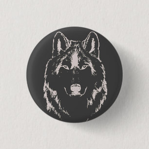 Bóton Redondo 2.54cm Desenho Da Cabeça Do Lobo Branco E Preto