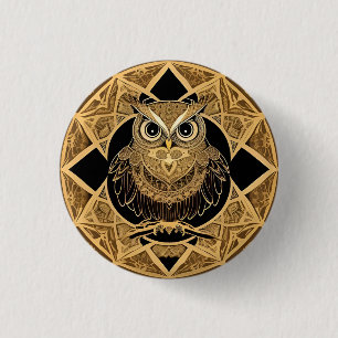 Bóton Redondo 2.54cm Desenho de Mandala de Coruja Decorativa Dourada