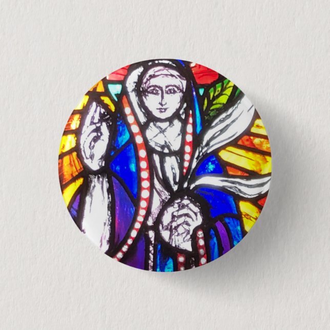 Bóton Redondo 2.54cm Desenho de Vidro Colorido com Figura Religiosa. (Frente)