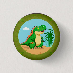 Bóton Redondo 2.54cm Dinossauro de Desenho Animado em uma Cena Tropical