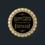Bóton Redondo 2.54cm Dourado Diamantes Glitter Happy 50th Birthday Mode<br><div class="desc">Ouro glamouroso tons diamantes brilham ao fundo,  círculo negro com brilho dourado feliz aniversário de 50 anos e nome personalizável de pessoa de aniversário. Você pode solicitar este design em qualquer cor para qualquer aniversário.</div>