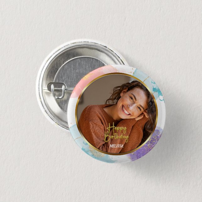 Bóton Redondo 2.54cm Elegant Pastel and Gold Script Photo Name Birthday (Frente & Verso)