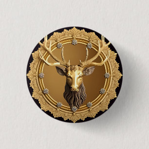 Bóton Redondo 2.54cm Elegante Emblema de Veado Dourado com Moldura Orna