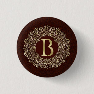 Bóton Redondo 2.54cm Elegante - Letra B - Ouro e Monograma de Damasco V