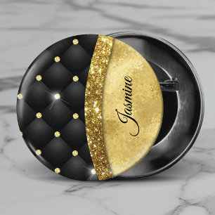 Bóton Redondo 2.54cm Elegante monograma de diamante preto com brilho do