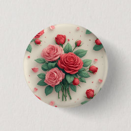 Bóton Redondo 2.54cm Elegantes Ramalhetes de Rosas Rosa e Vermelha