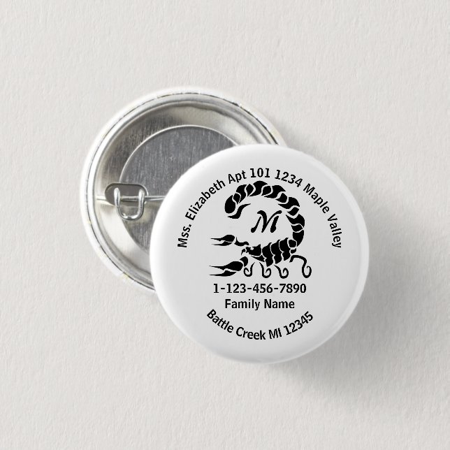 Bóton Redondo 2.54cm Endereço Doméstico da Família Monograma do Escorpi (Frente & Verso)