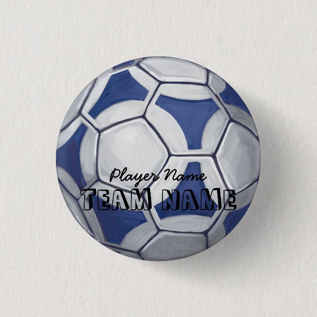 Bóton Redondo 2.54cm Esfera de Futebol Azul e Branco Nome e Número (Frente)