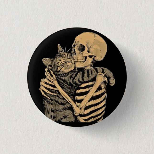 Bóton Redondo 2.54cm Esqueleto Abraçando Gato – Presente Fofo para Aman (Frente)