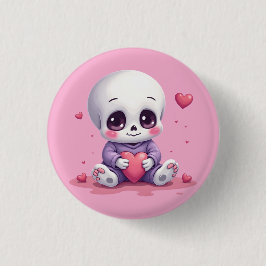 Bóton Redondo 2.54cm Esqueleto Kawaii Segurando Coração