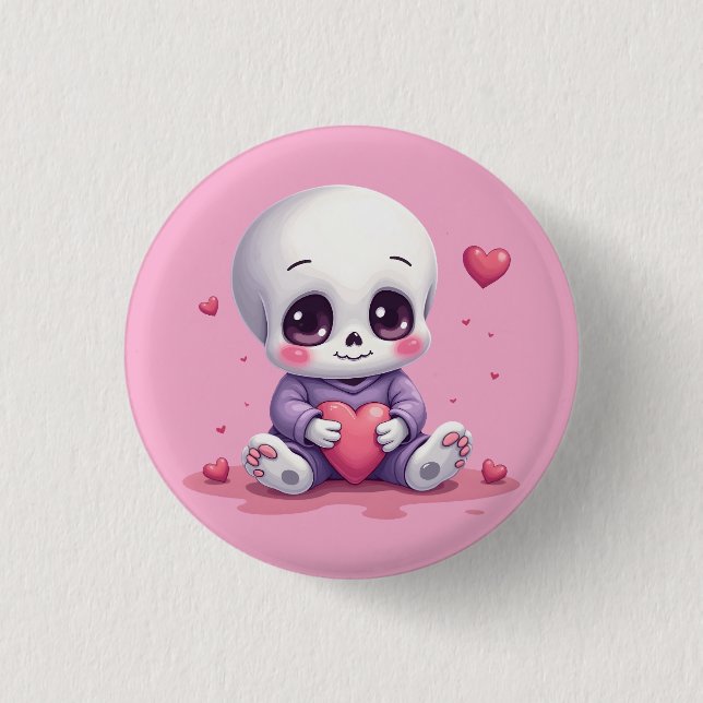 Bóton Redondo 2.54cm Esqueleto Kawaii Segurando Coração (Frente)