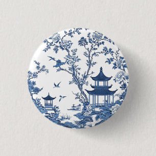 Bóton Redondo 2.54cm Estilo elegante de chinoiserie Flor Branca Azul