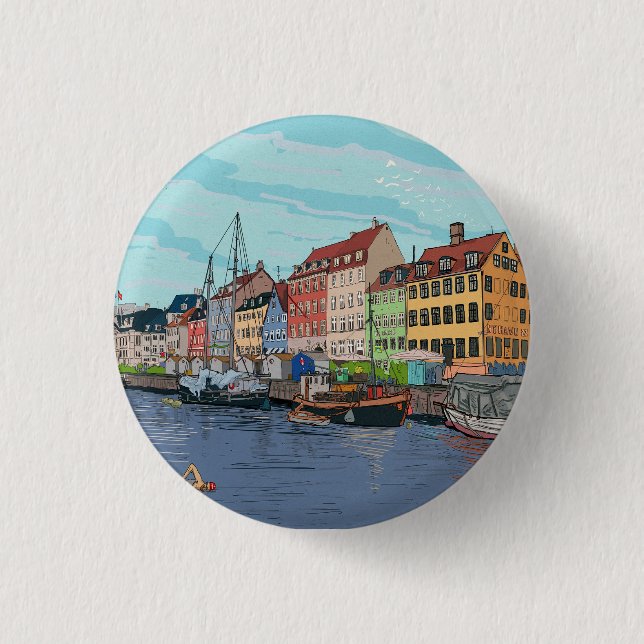 Bóton Redondo 2.54cm Explicação esquimática de Nyhavn Copenhagen Denmar (Frente)