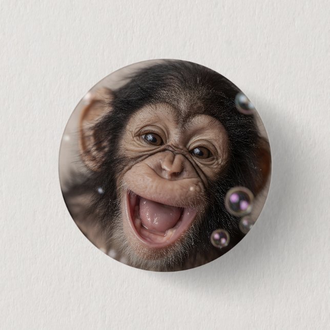 Bóton Redondo 2.54cm Extremo Close-Up de Bebê Chimpanzé Feliz (Frente)
