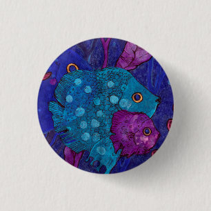 Bóton Redondo 2.54cm Família De Peixes, Submarina, Azul E Roxo
