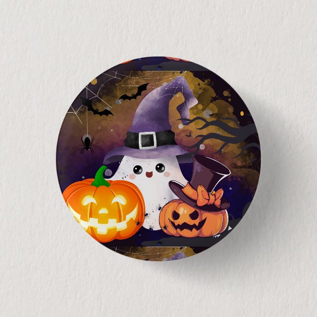 Bóton Redondo 2.54cm Fantasma de Halloween Fofo com Chapéu de Bruxa e A (Frente)