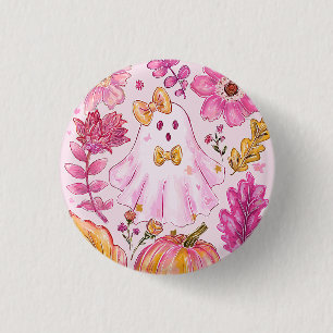 Bóton Redondo 2.54cm Fantasma de Halloween Rosa Pastel com Flores e Abó