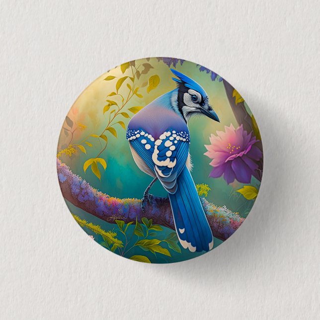 Bóton Redondo 2.54cm Fantasy Birds Blue Jay (Frente)