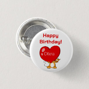 Bóton Redondo 2.54cm Feliz Aniversário Personalizado Coração Gato