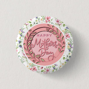 Bóton Redondo 2.54cm Feliz Dia das Mães Elegante Moderno Floral Rosa