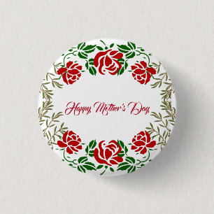 Bóton Redondo 2.54cm Feliz dia de as mães Rosa vermelha Floral Greenery
