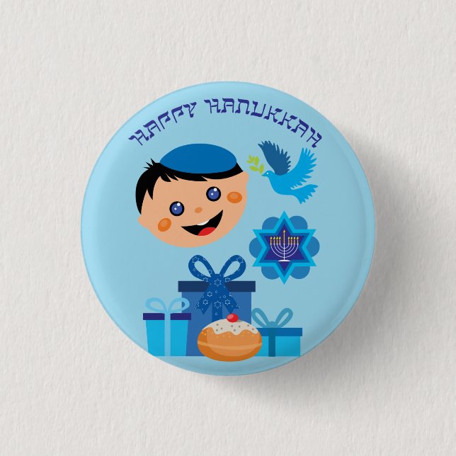 Bóton Redondo 2.54cm 🕎 Feliz Hanukkah, rapaz, (Frente)
