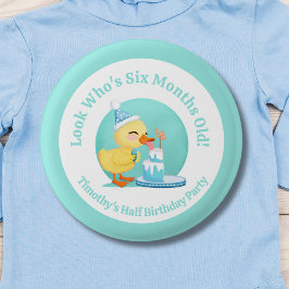 Bóton Redondo 2.54cm Feliz Meio Aniversário Bebê Pato com Bolo de Festa