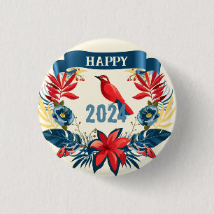 Bóton Redondo 2.54cm Feliz Natal e Feliz Ano Novo! 2024 Pássaro Vermelh