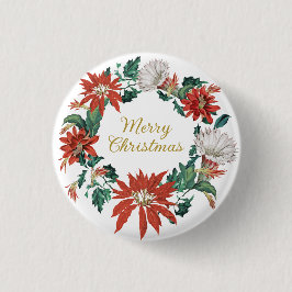 Bóton Redondo 2.54cm Feliz Natal Floral Poinsettia Wreath
