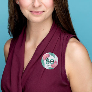 Bóton Redondo 2.54cm festa de aniversário flores cor-de-rosa listras de