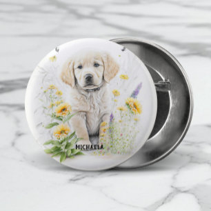 Bóton Redondo 2.54cm Filhote de Retriever Dourado e Nome Monograma com