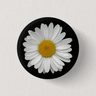 Bóton Redondo 2.54cm Flor Branca Simples Moderna em Preto