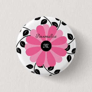 Bóton Redondo 2.54cm Flor cor-de-rosa e preta Monogrammed na moda com