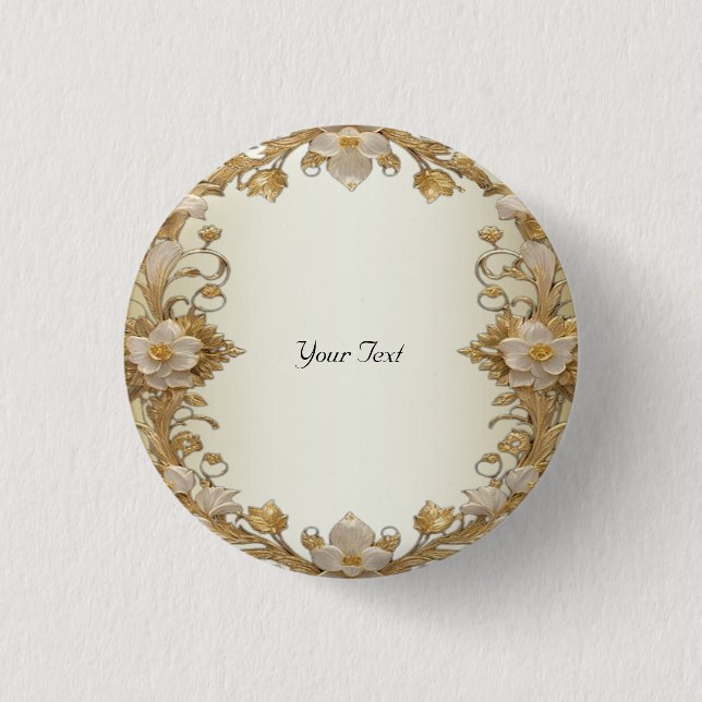 Bóton Redondo 2.54cm Flores Brancas Decoração Botão Dourado (Frente)