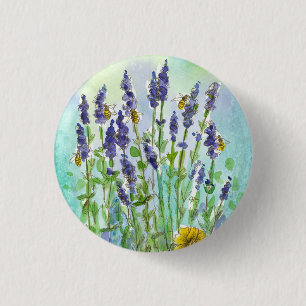 Bóton Redondo 2.54cm Flores da aguarela da erva da lavanda da abelha do