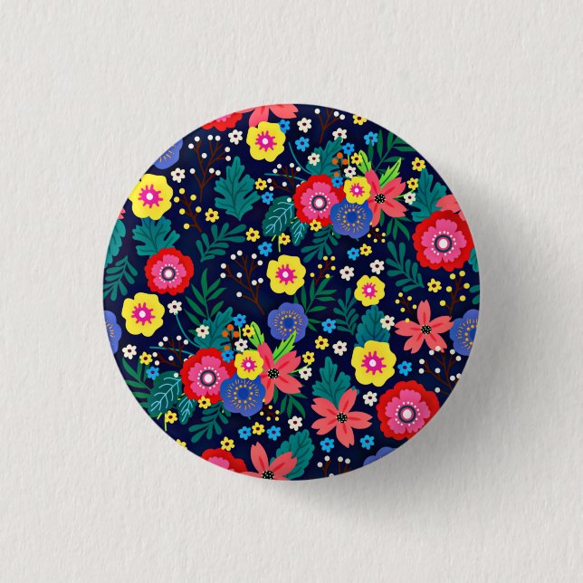 Bóton Redondo 2.54cm Flores Decorativas Folhas Fundo Preto (Frente)