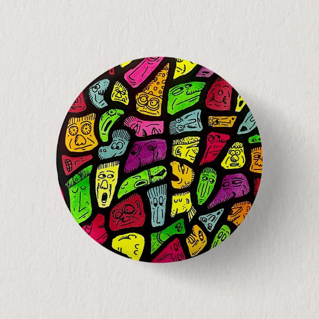 Bóton Redondo 2.54cm Fluorescent Cartoon Weird Faces Drawing (Frente)