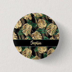 Bóton Redondo 2.54cm Folhas tropicais Douradas e verdes, DIY Dourado Na