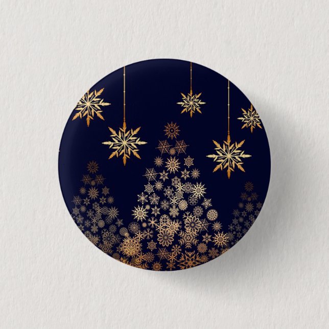 Bóton Redondo 2.54cm Fundo Azul com Praça de Árvore de Natal Ouro (Frente)