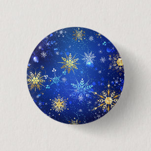 Bóton Redondo 2.54cm Fundo Azul XMAS com Flocos de Neve Ouro