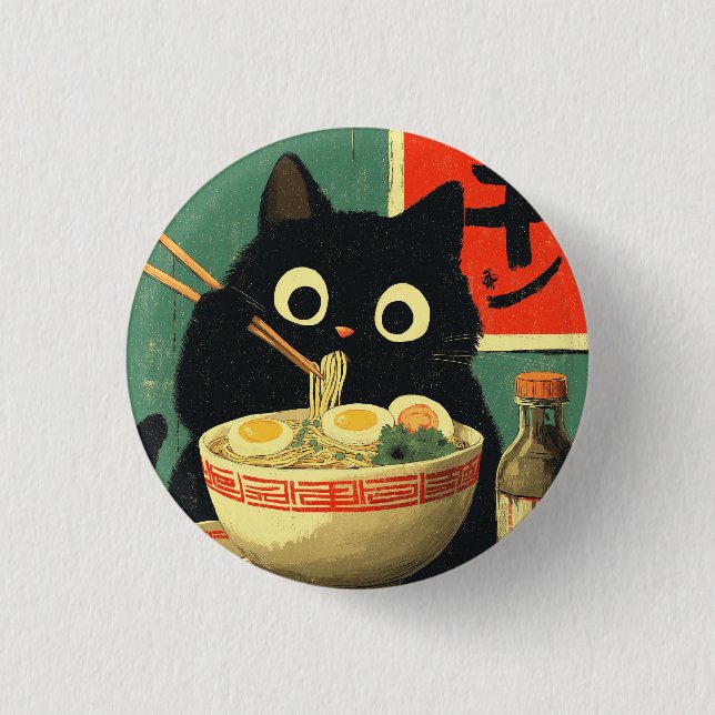 Bóton Redondo 2.54cm Funny Black Cat Eating Ramen (Frente)