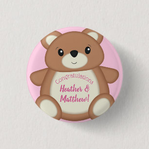 Bóton Redondo 2.54cm Garota Rosa-Chá de fraldas-Urso
