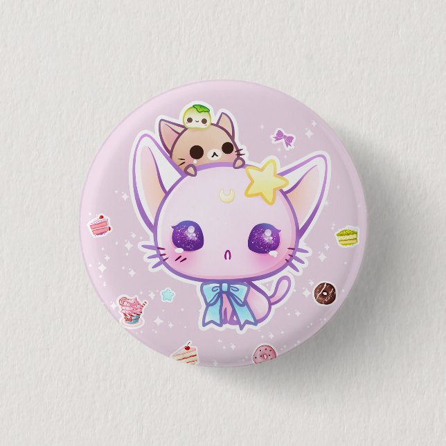 Bóton Redondo 2.54cm Gatinho da estrela de Kawaii com bolos bonitos (Frente)