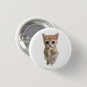 Bóton Redondo 2.54cm Gatinho Fofo com Flores Pin Bumbum de Gato Aconc