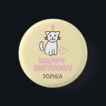 Bóton Redondo 2.54cm Gato Adorável num botão de Chapéu de Aniversário<br><div class="desc">É o Gato Adorável num botão de Chapéu de Aniversário Um gato num chapéu e um bolo são tão fofos. Amarelo quente e rosa estão harmonizados. Foi desenhado como se uma criança fofinha o tivesse desenhado manualmente. É um presente significativo para o seu amado. Dê um presente para seu amado...</div>