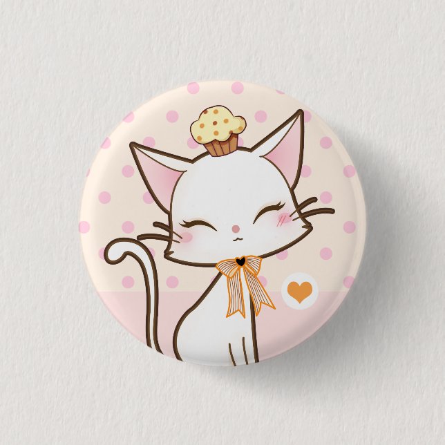 Bóton Redondo 2.54cm Gato branco bonito de Kawaii com cupcake (Frente)