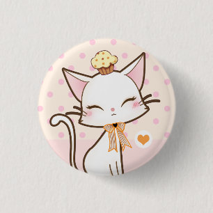 Bóton Redondo 2.54cm Gato branco bonito de Kawaii com cupcake
