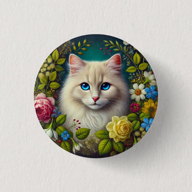 Bóton Redondo 2.54cm Gato Branco Com Olhos Azuis (Frente)