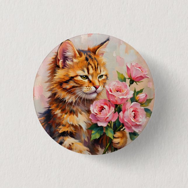 Bóton Redondo 2.54cm Gato com Rosas (Frente)